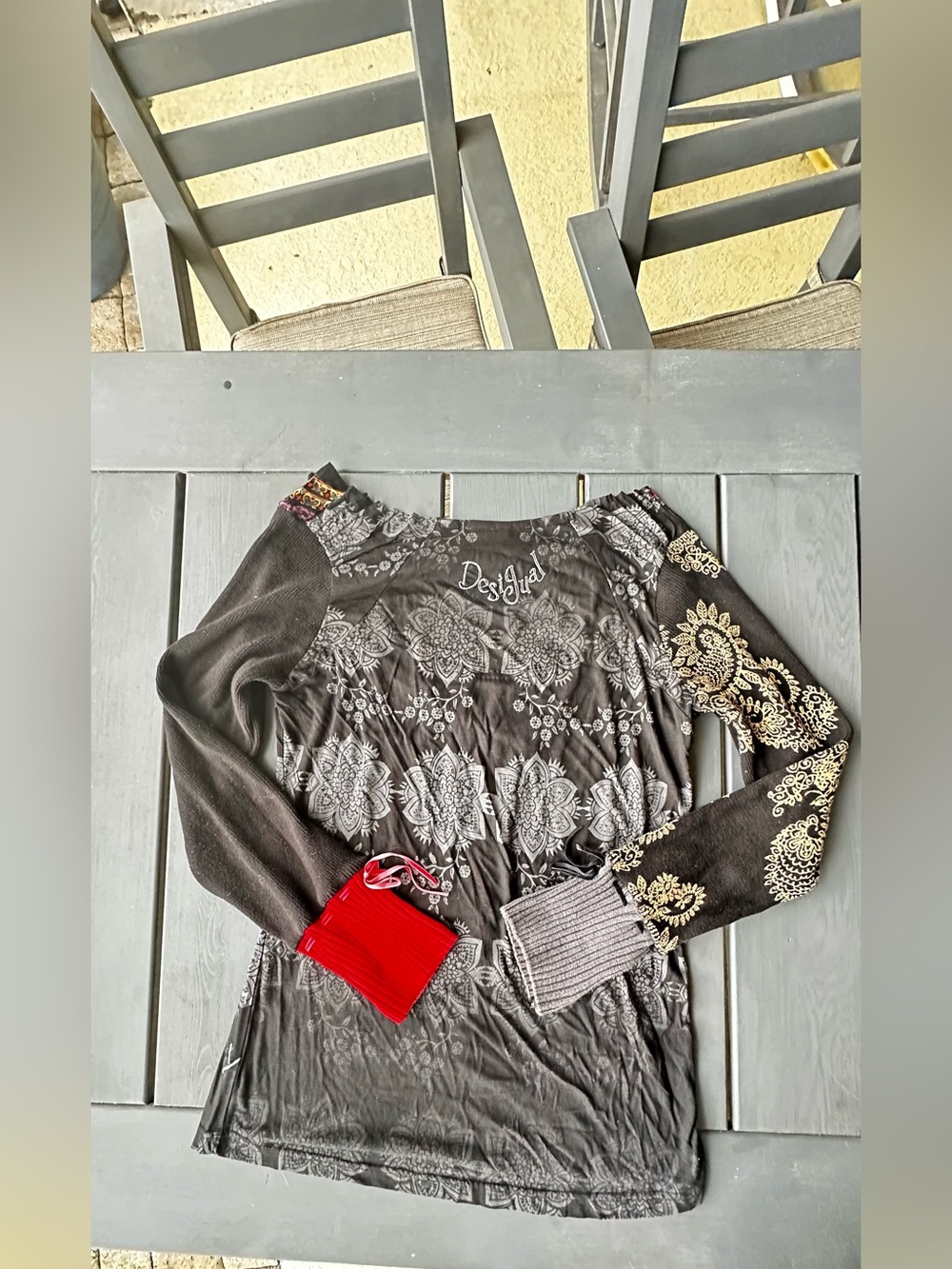 Desigual Mixed Media Patchwork Mandala Long Sleeve Top Black Red Size XL - Picture 6 of 7
